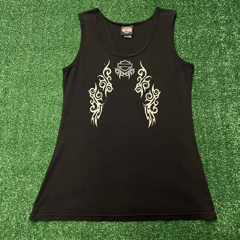 Harley Davidson Tank Top Black Tribal Rhinestone Bar And Shield
